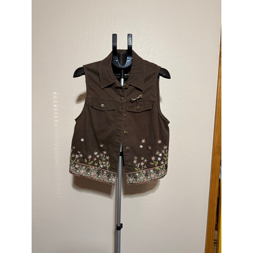 Susan Bristol Brown‎ Corduroy Floral Embroidered Vest Dragonfly Pin Womens Large